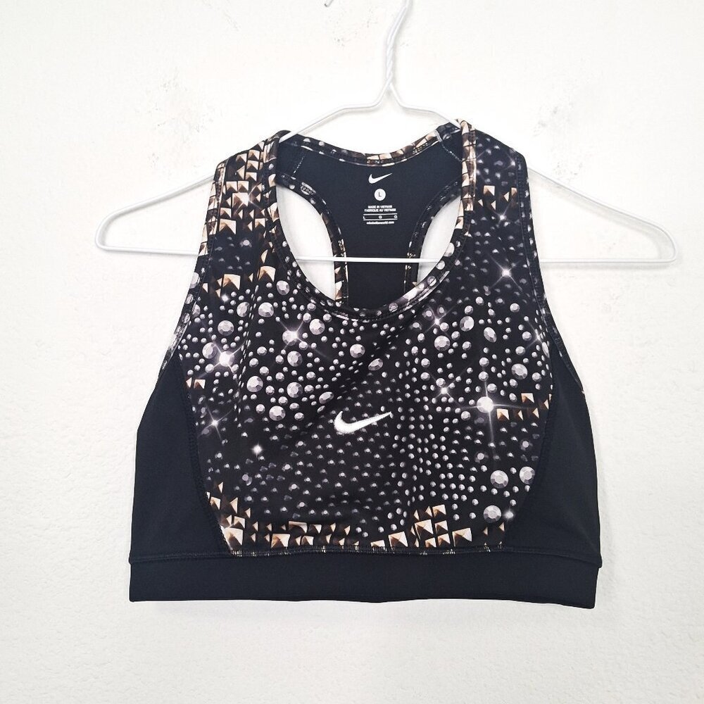 Nike Diamonds Graphic Sports Bra Sz L Racerback Removable Pads Workout Grunge